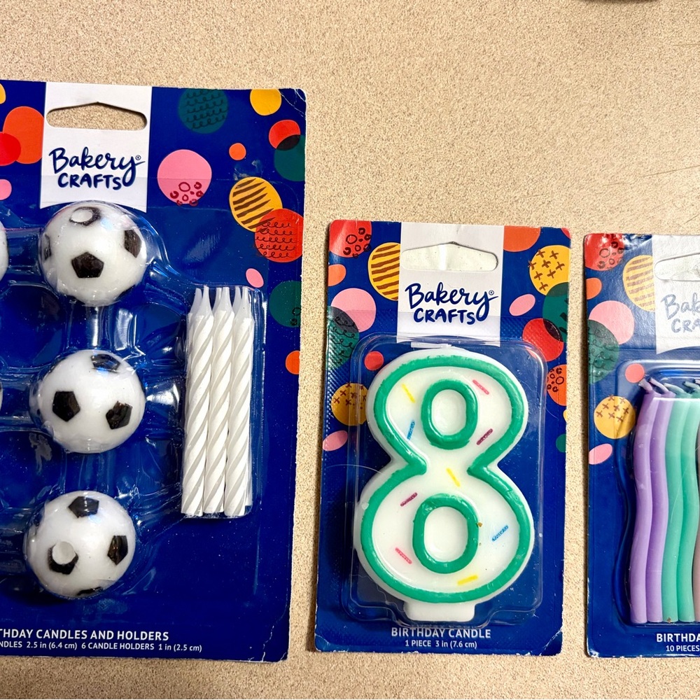 3 PC Bakery Crafts Candle Lot: 6 Soccer Ball Candles, 10 Pastel Cake Candles& #8